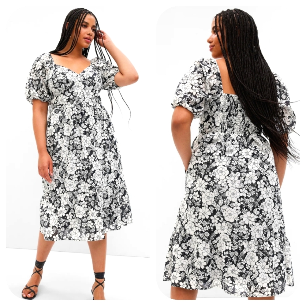 GAP Puff Sleeve Metallic Floral Midi Dress Black White XL